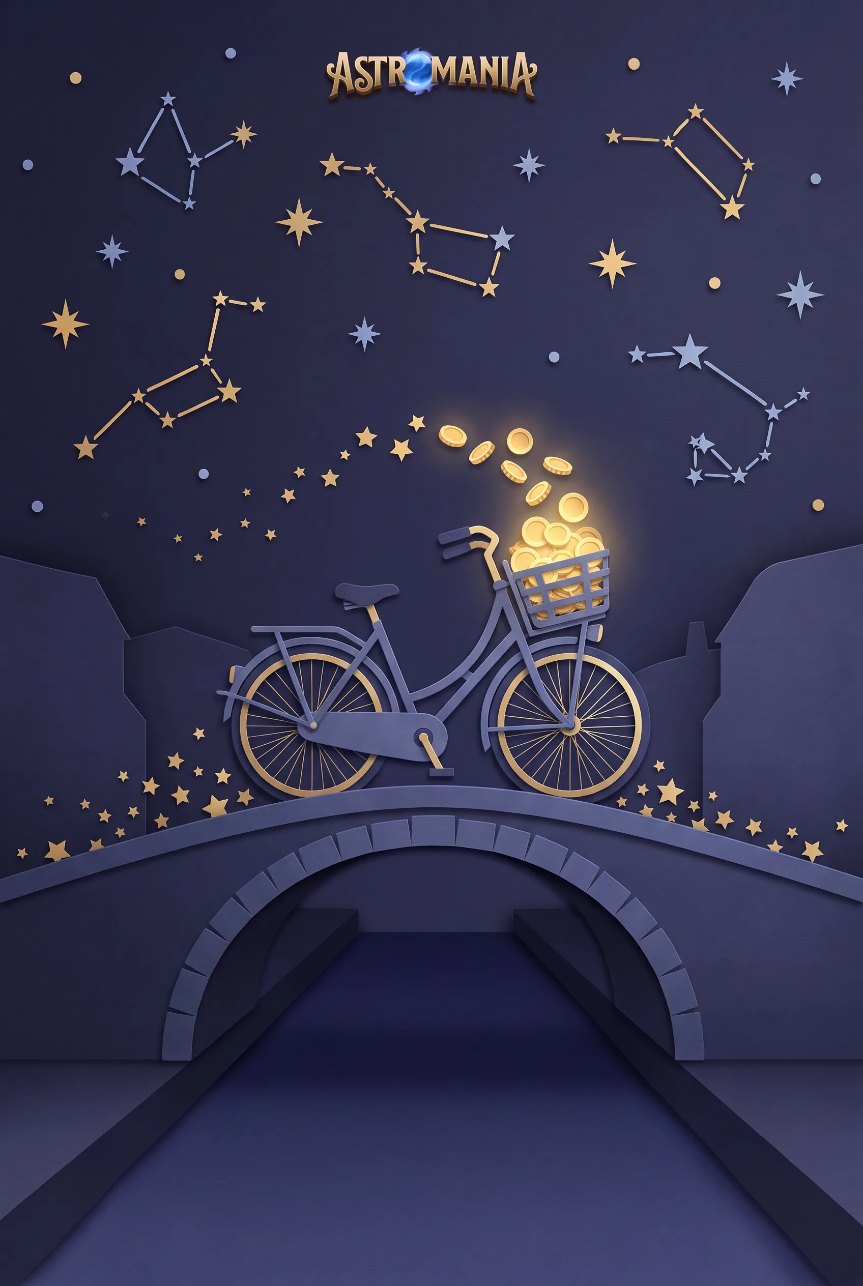 Fiets met gouden munten op een Nederlandse brug bij Astromania