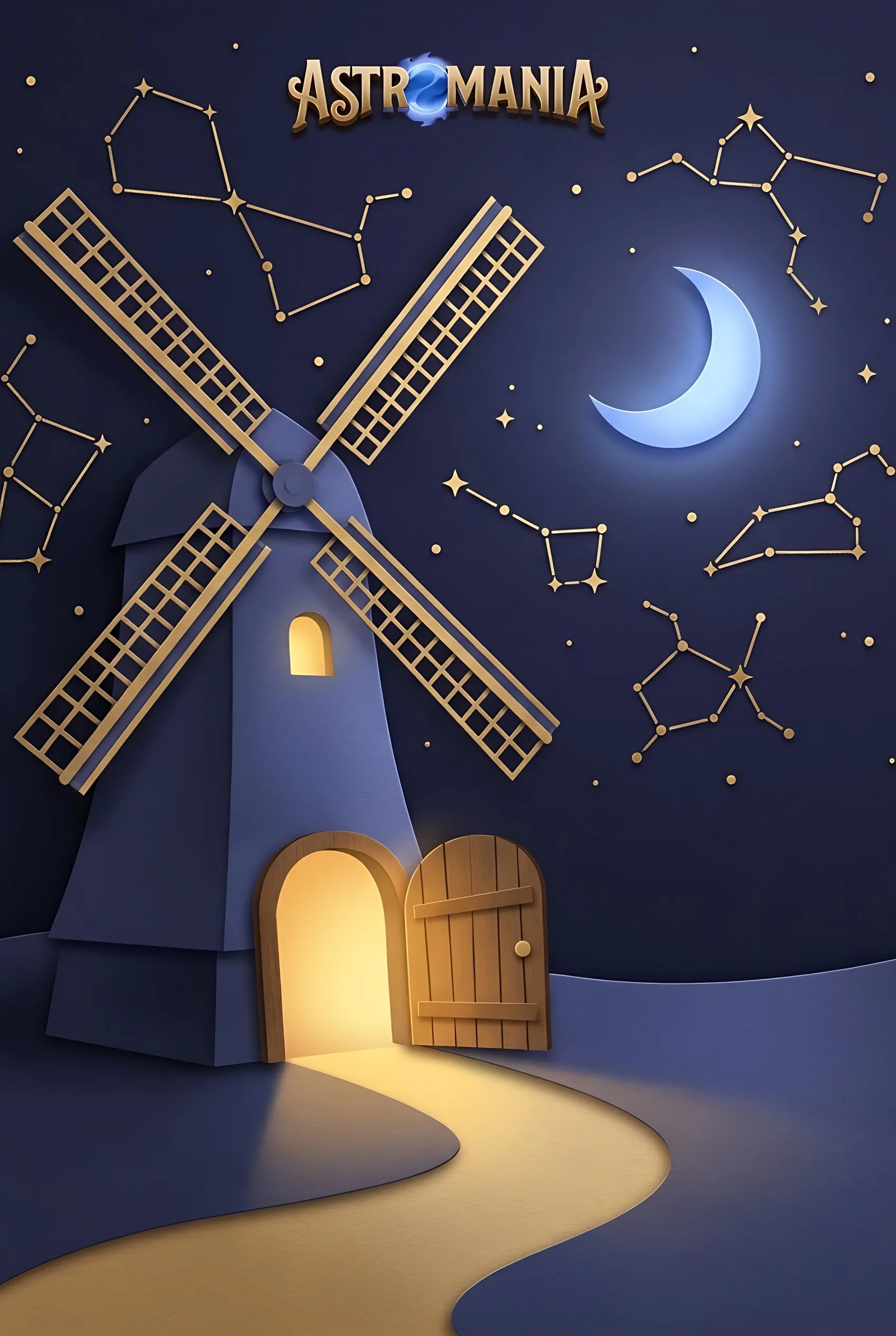 Verlichte ingang van een Astromania molen onder de sterren